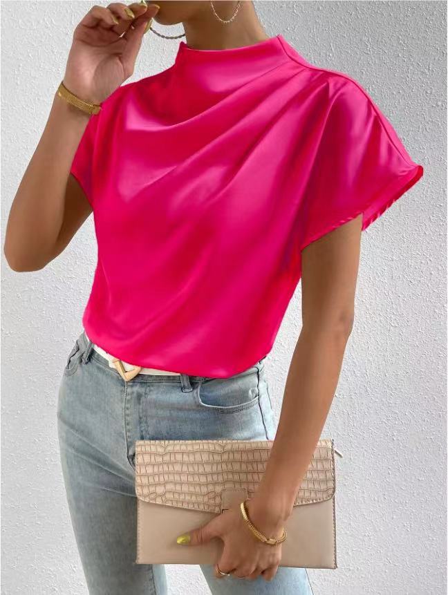 Damen Bluse Satin Stehkragen Elegante Mode
