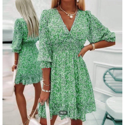 Damenkleid Bluse Romantisch Floral V-Ausschnitt Rüschenärmel