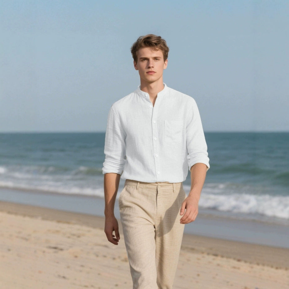 Herren Leinenhemd Stehkragen Sommer Modern