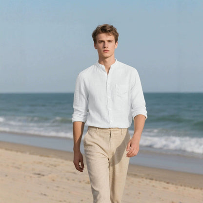 Herren Leinenhemd Stehkragen Sommer Modern