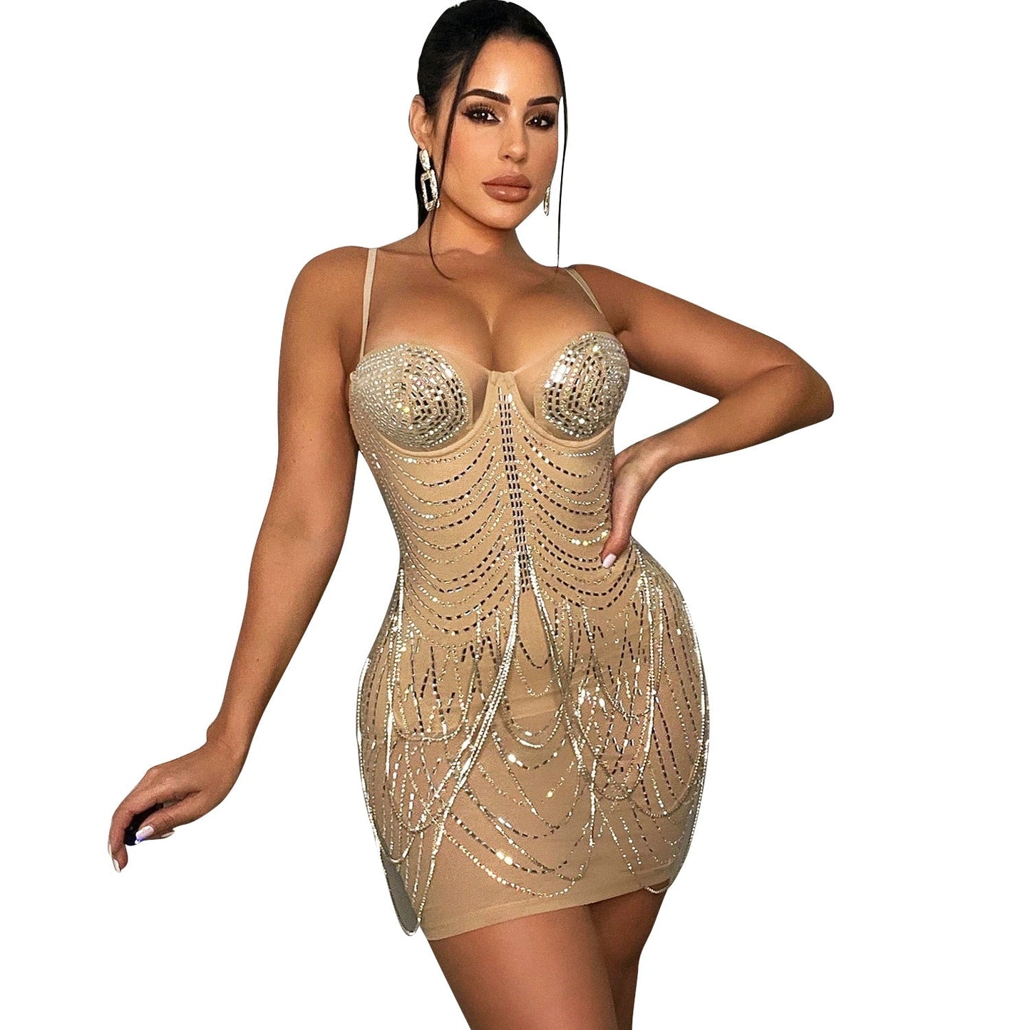 Glitzerndes Minikleid Strass Verziert Elegant