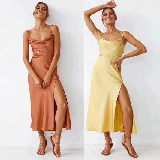 Elegantes Damen Midikleid Satin Rüschen Schnitt - BerlinGlamour