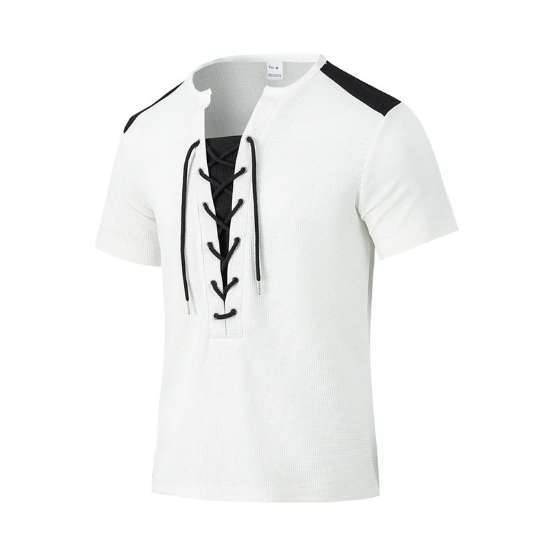 Herren T-Shirt Kurzarm Henley atmungsaktiv Schnürdetail