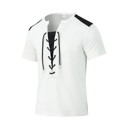 Herren T-Shirt Kurzarm Henley atmungsaktiv Schnürdetail