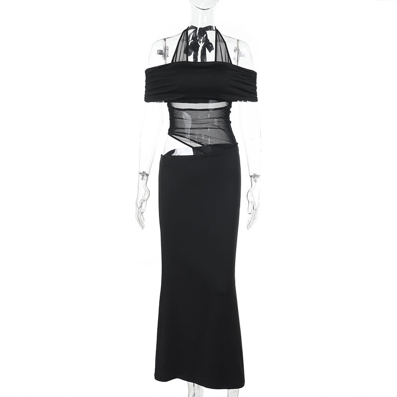 Damen Cocktailkleid Schulterfrei mit Netz-Einsatz Elegant