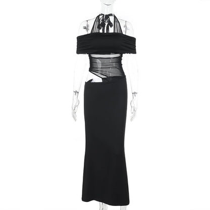 Damen Cocktailkleid Schulterfrei mit Netz-Einsatz Elegant