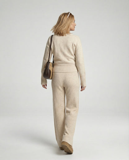 Damen Zweiteiler Rippstrick Kuschel Top und Hose Hochtailliert