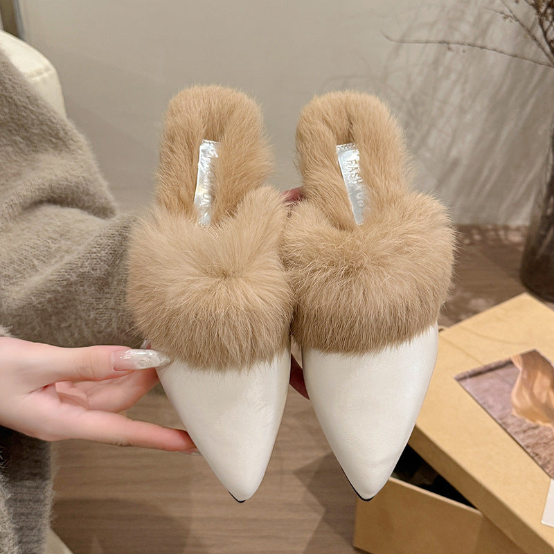 Damen Ballerina Schuhe Luxus Kunstfell Kragen Elegante Mode