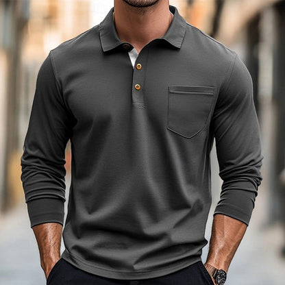 Herren Poloshirt Langarm mit Brusttasche Baumwolle Qualität