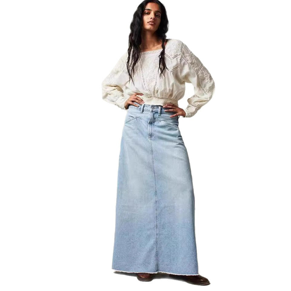 Damen Denim-Rock Hochtailliert mit Taschen Lang