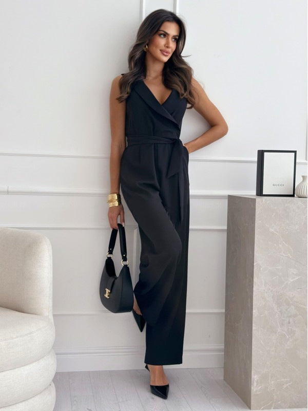 Damen Jumpsuit Ärmellos V-Ausschnitt Taillenverzierung Elegant - BerlinGlamour
