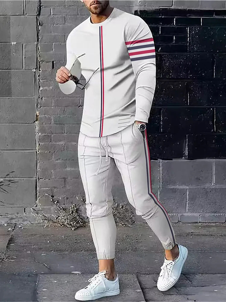 Herren Sportset Langarmshirt Jogginghose Streifenmuster Modern