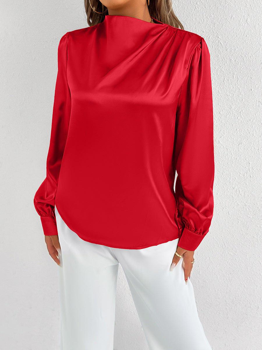 Damen Bluse Satin Modern Stehkragen Elegante Ärmel