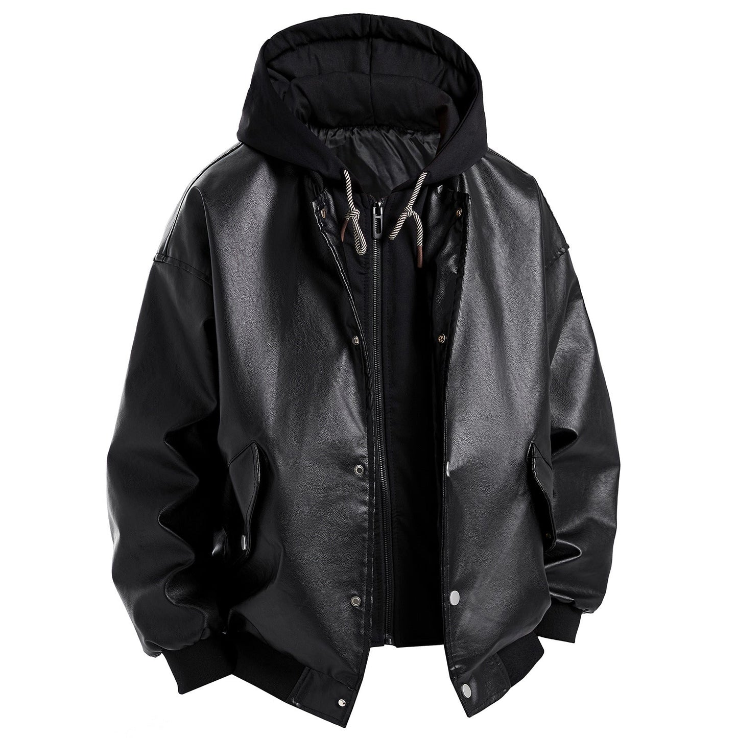 Herren Lederjacke Oversized Kapuze Abnehmbar Modern