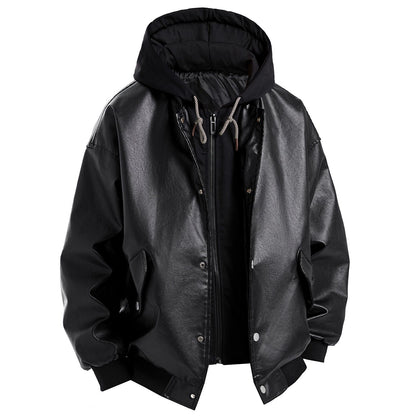 Herren Lederjacke Oversized Kapuze Abnehmbar Modern