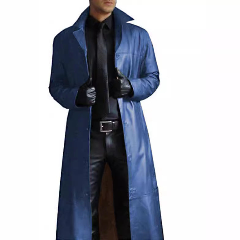 Herren Kunstledermantel Elegant Doppelter Knopfverschluss Schwarzer Ledermantel