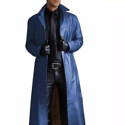 Herren Kunstledermantel Elegant Doppelter Knopfverschluss Schwarzer Ledermantel