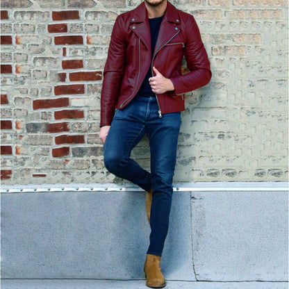 Herren Lederjacke Biker Stil Asymmetrisch Nieten Schwarz