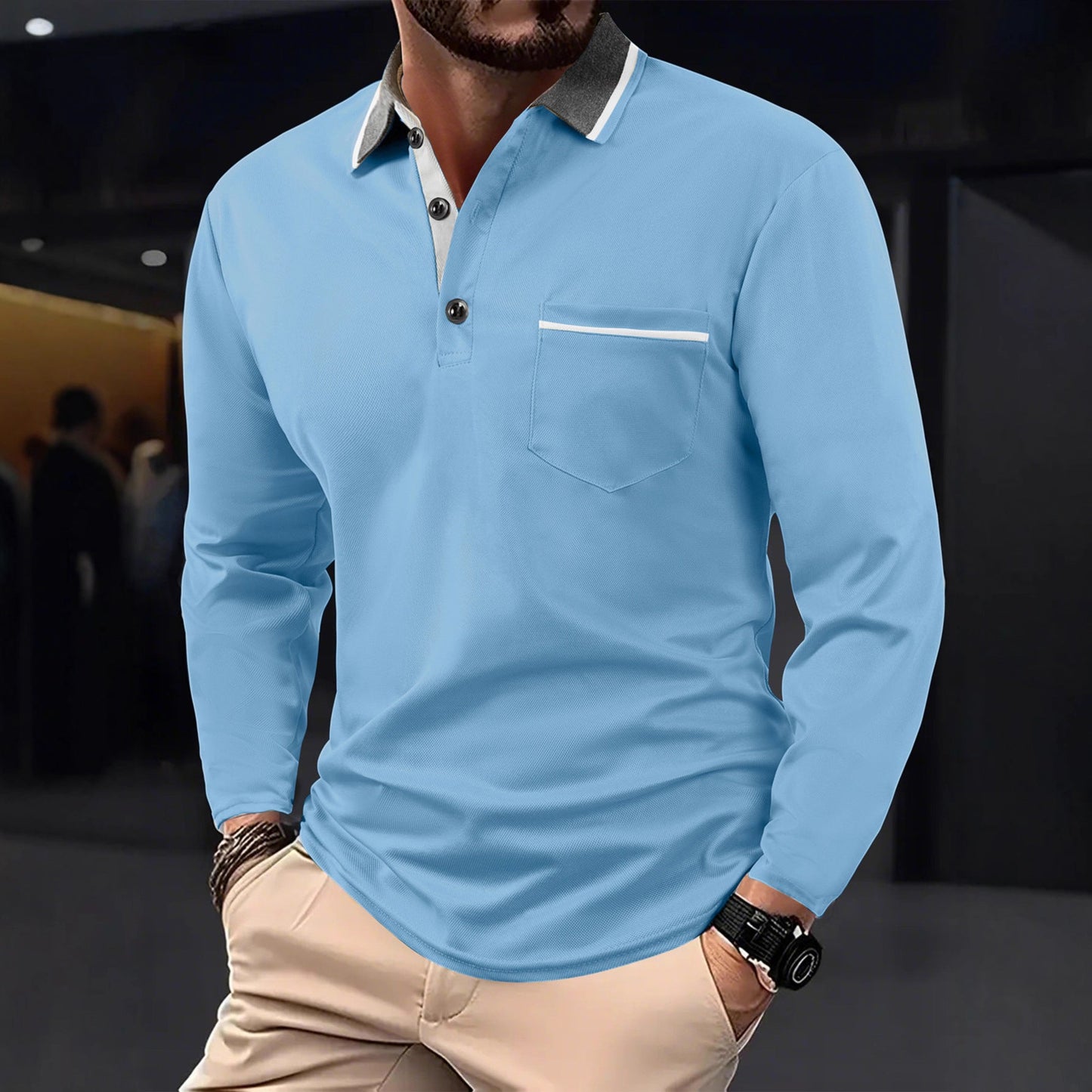Herren Poloshirt Langarm Strukturiert Kragen Tasche Modern