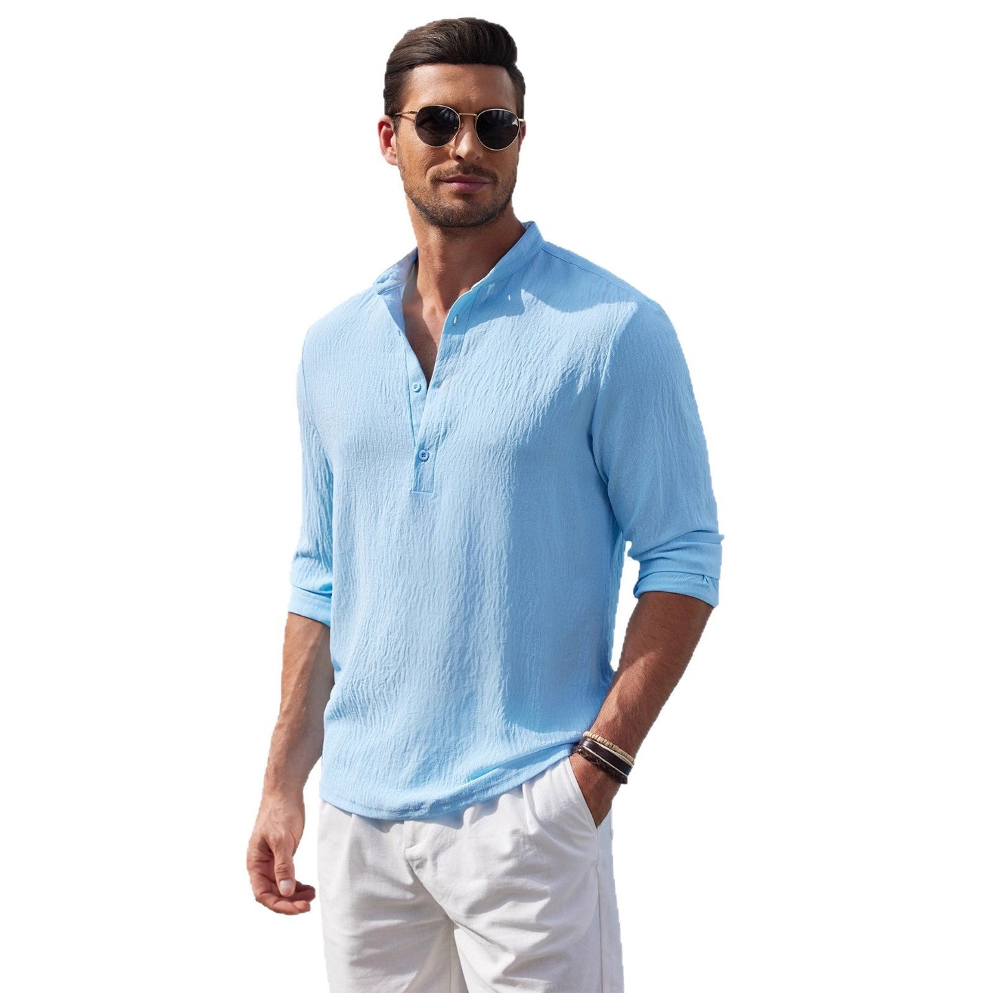Herren Leinenhemd Modern V-Ausschnitt Bequem Sommer