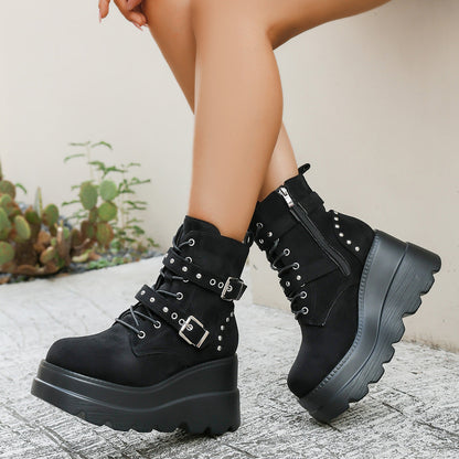 Damen Stiefel Wedge Modisch Schnalle Plateau