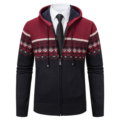 Herren Strickjacke Kapuze Jacquard Muster Modern