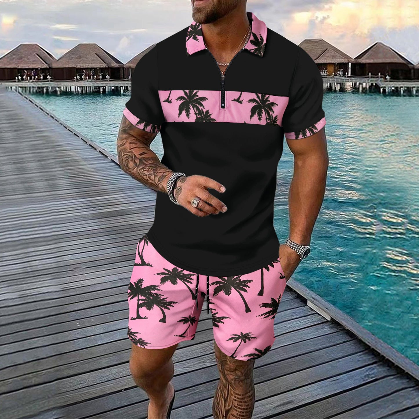 Herren Polohemd Elegant Geschnitzt mit Shorts Sommer
