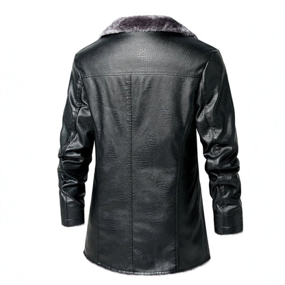 Herren Lederjacke Kunstleder Warm Fleecefutter Schwarz