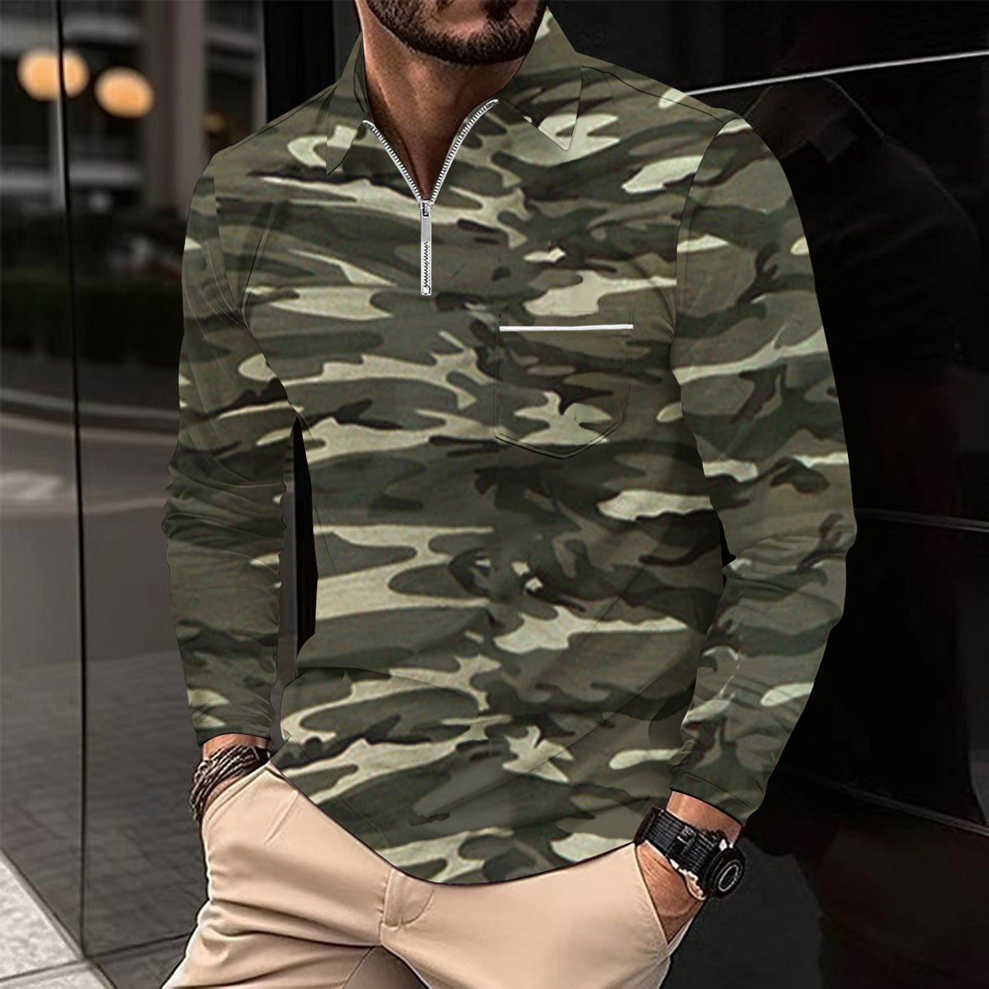 Herren Langarmshirt Camouflage Modern Reißverschluss