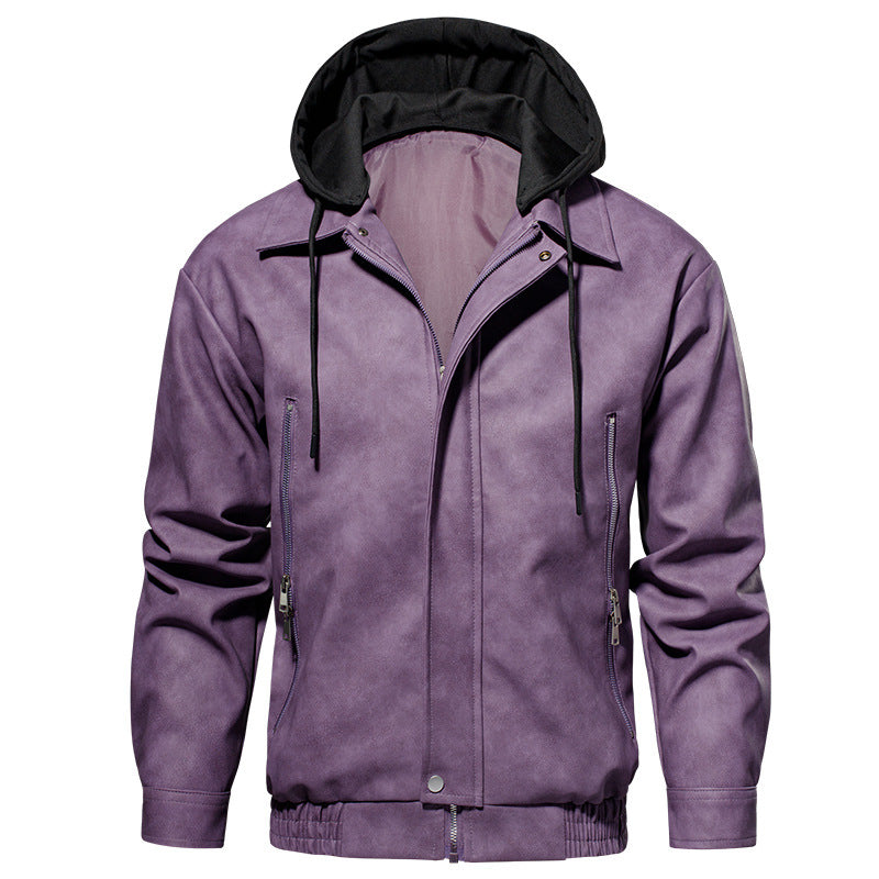 Herren Lederjacke Kurz Modern mit Kapuze elastisch