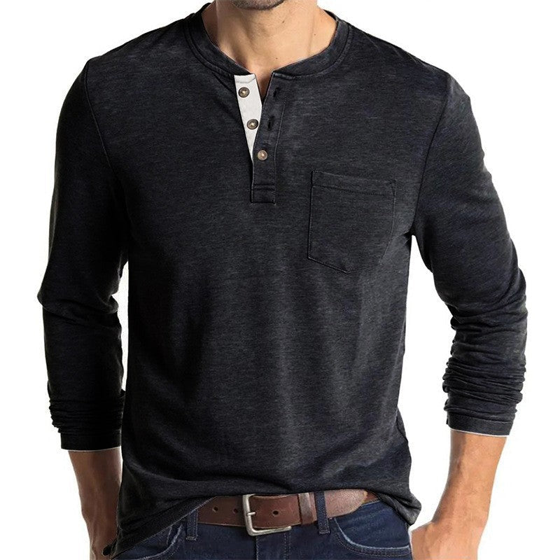 Herren Langarmshirt Modern mit Henleykragen und Brusttasche