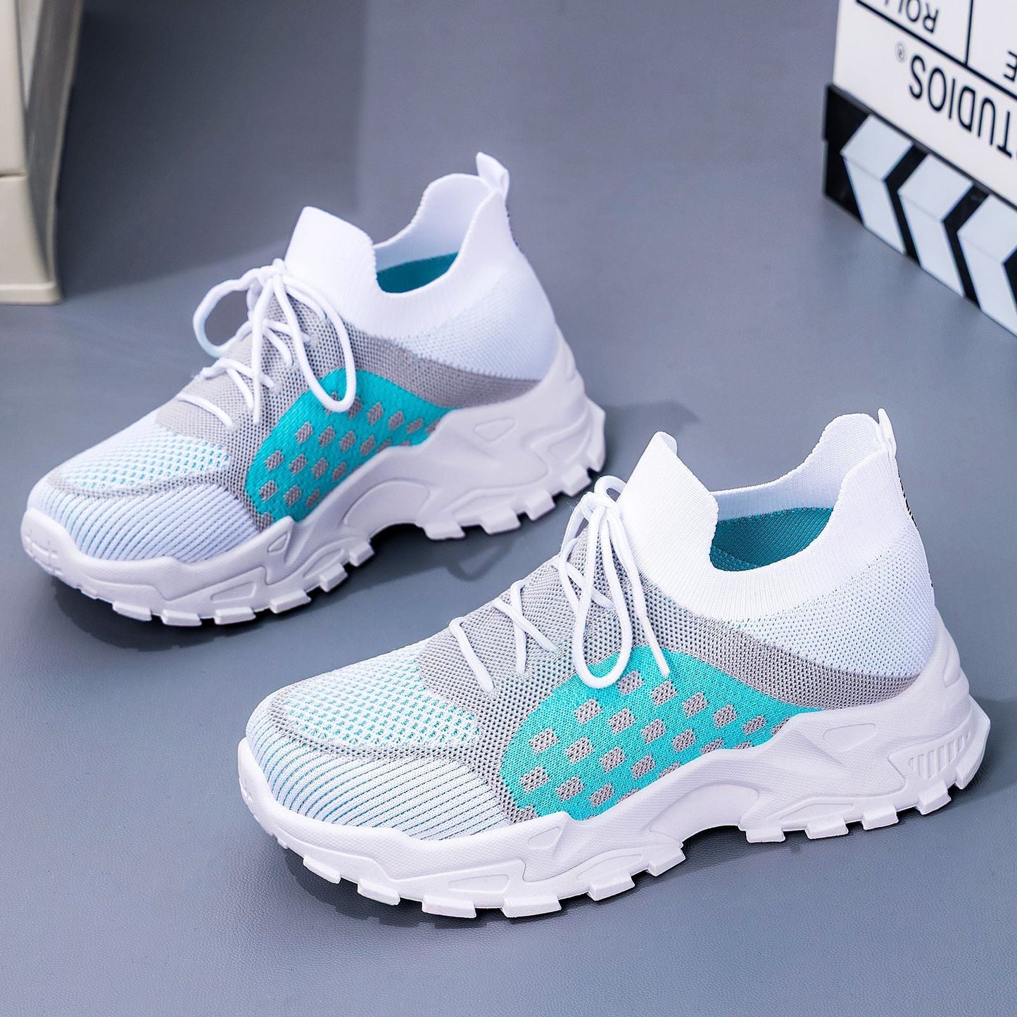 Damen Sneaker Leicht Strick Schnürsenkel Flexibel Bequem
