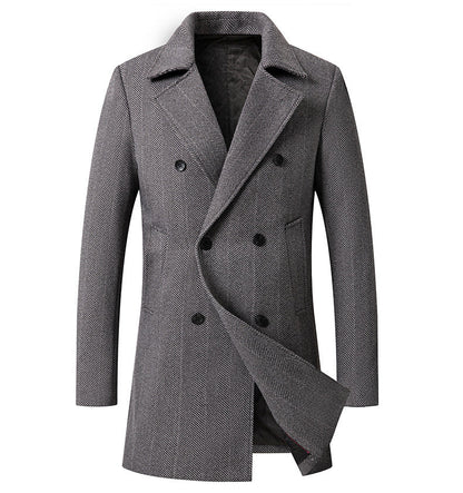 Herren Mantel Doppelreiher Herringbone Muster Elegent Schwarz