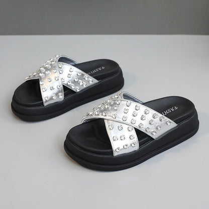 Damen Schlappen Glitzernd mit Riemchen und rutschfester Sohle