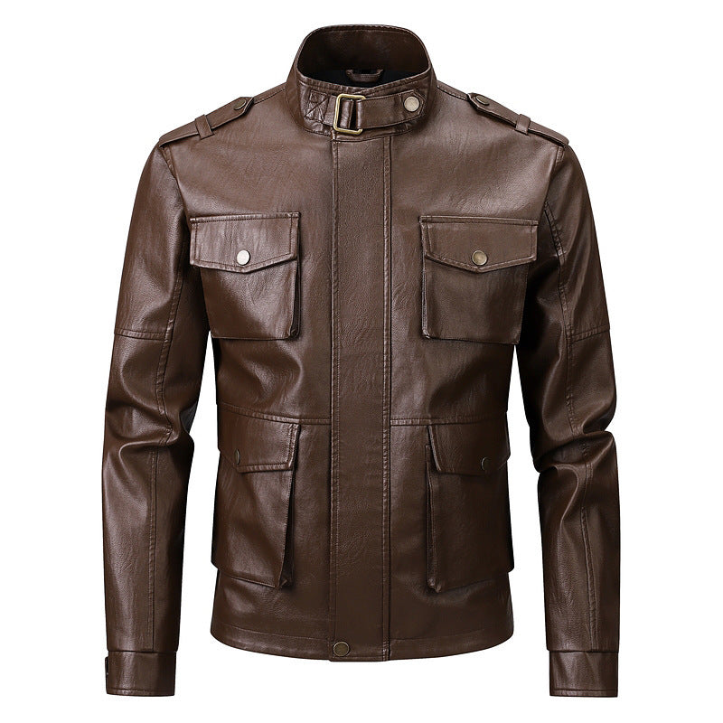 Herren Lederjacke Militärstyle mit Taschen und Hochkragen
