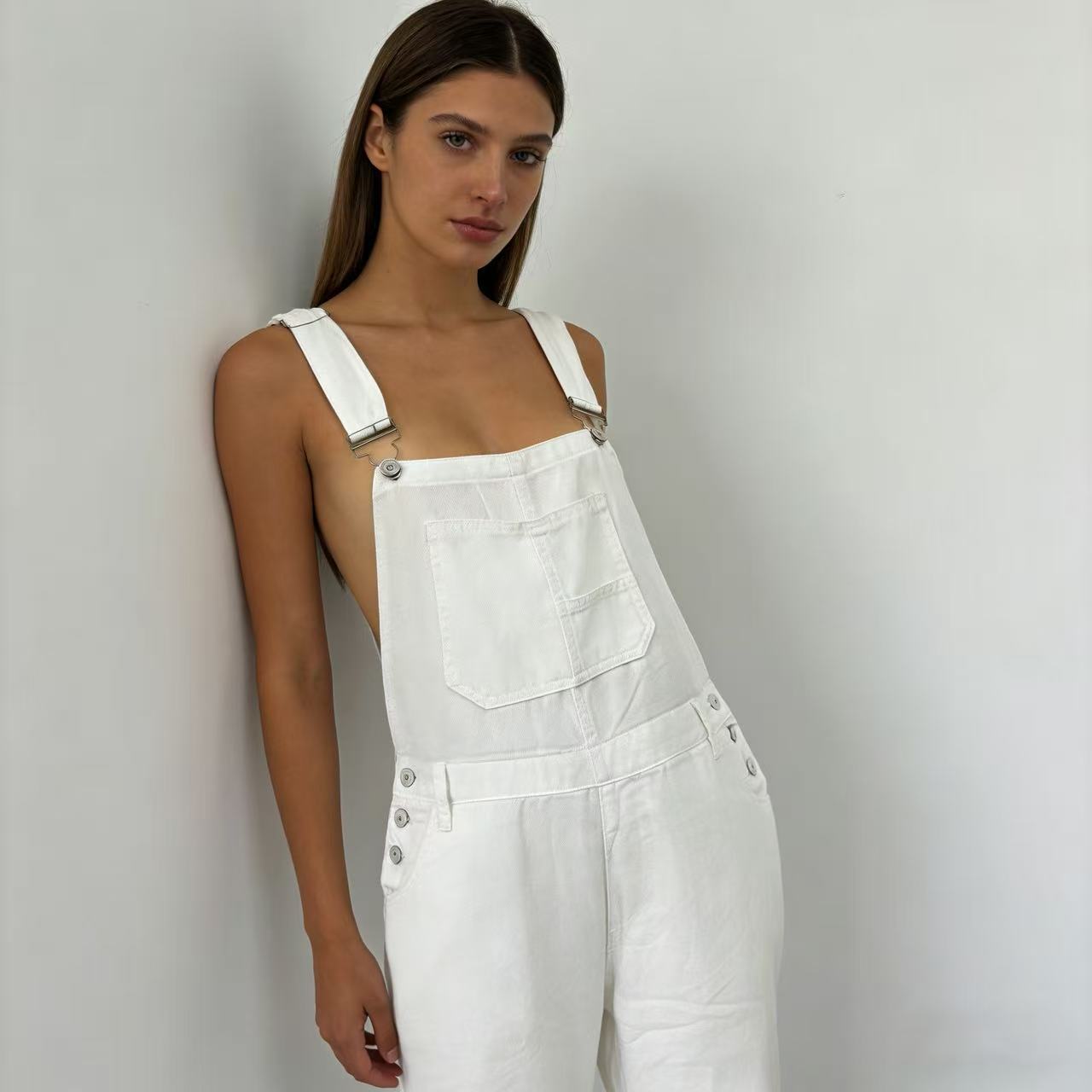 Damen Latzhose Jeans Weites Bein Tiefes Dekolleté