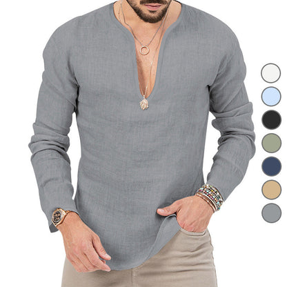 Leinen-Hemd Herren Baumwolle Relaxed Fit V-Ausschnitt