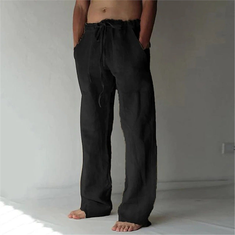 Herren Leinenhose Bequem mit Verstellbarem Bund und Seiten-Taschen