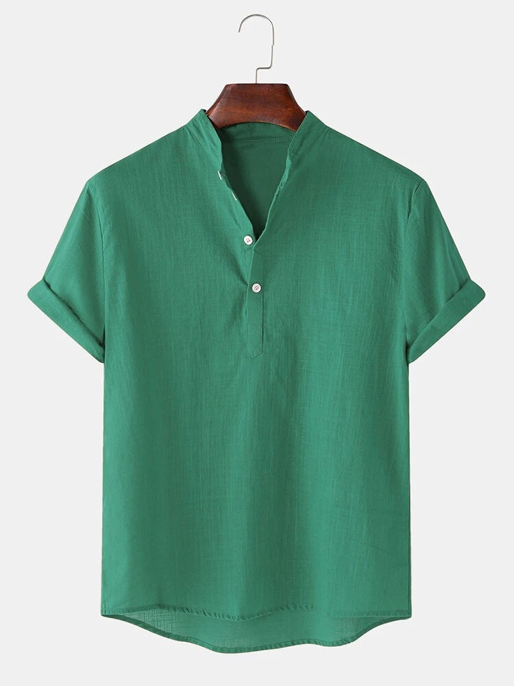 Herren Hemd Kurzarm Modern Henley Ausschnitt Baumwolle