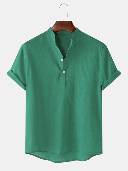 Herren Hemd Kurzarm Modern Henley Ausschnitt Baumwolle