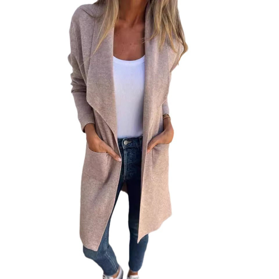 Damen Strickcardigan Lang mit Taschen und Offenen Kanten