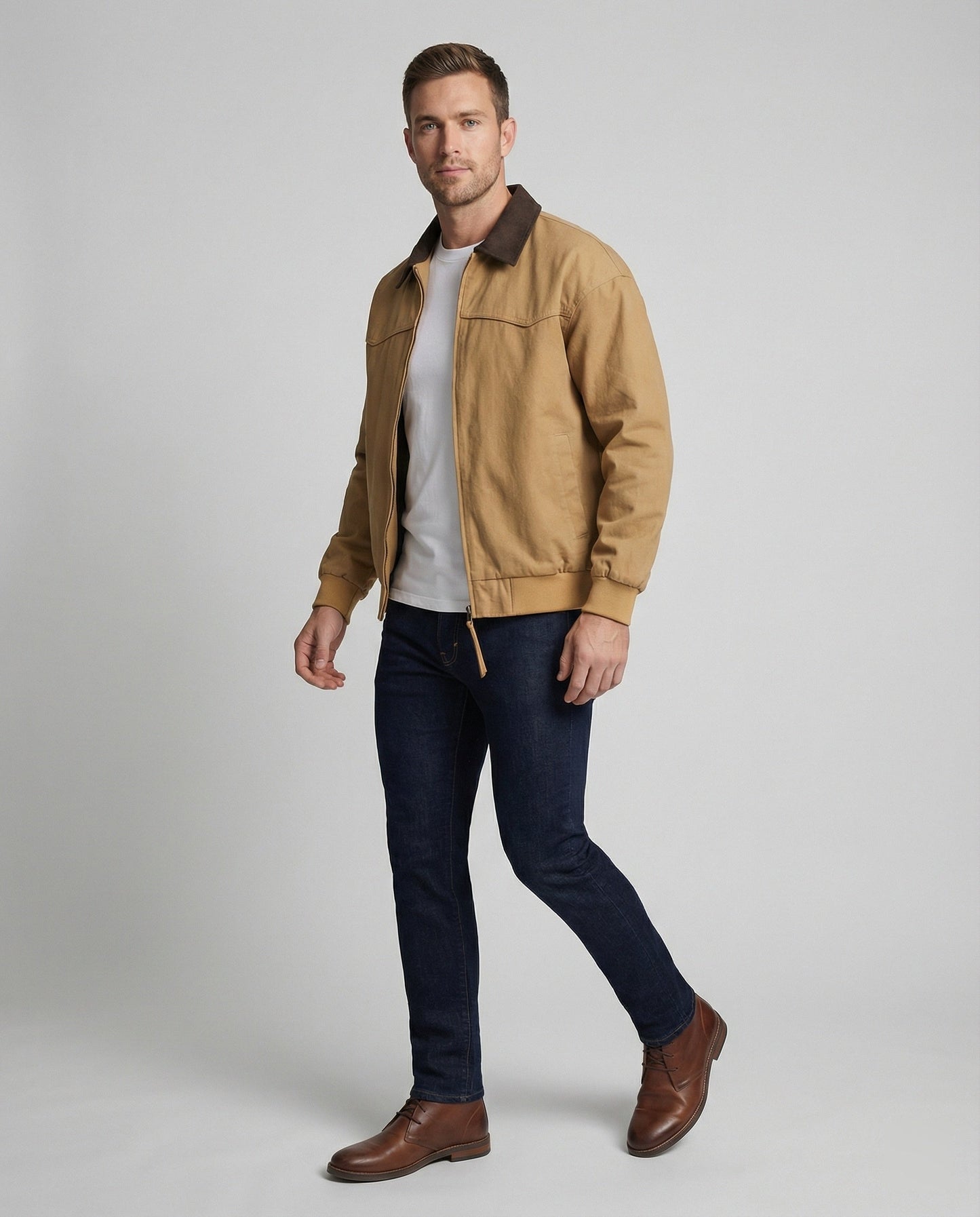 Herren Workerjacke Lässig Reißverschlussjacke Mit Kontrastkragen