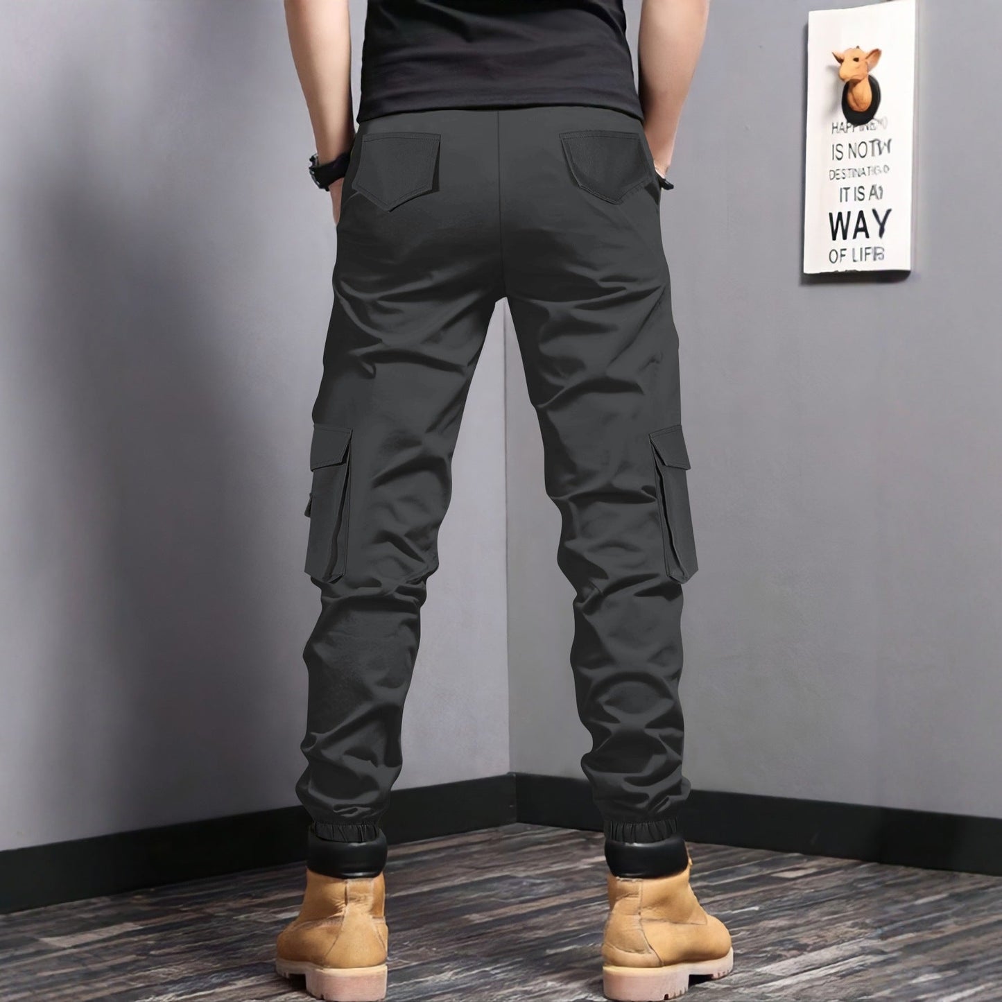 Herren Cargo-Jogginghose Elastisch Mit Taschen Schwarz
