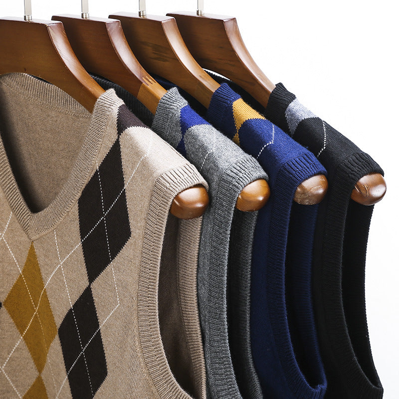 Herren Strickpullover V-Ausschnitt Rautenmuster Eleganter Pullover