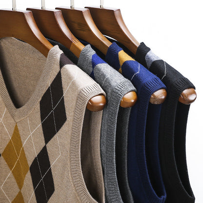 Herren Strickpullover V-Ausschnitt Rautenmuster Eleganter Pullover