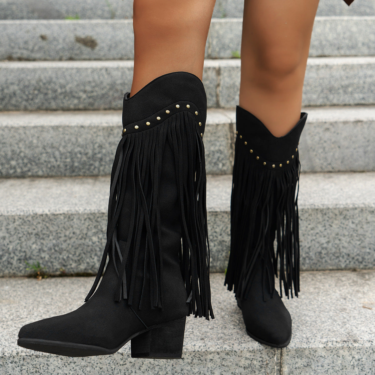 Damen Stiefel Fransen Modisch Nieten Hoch Hacken
