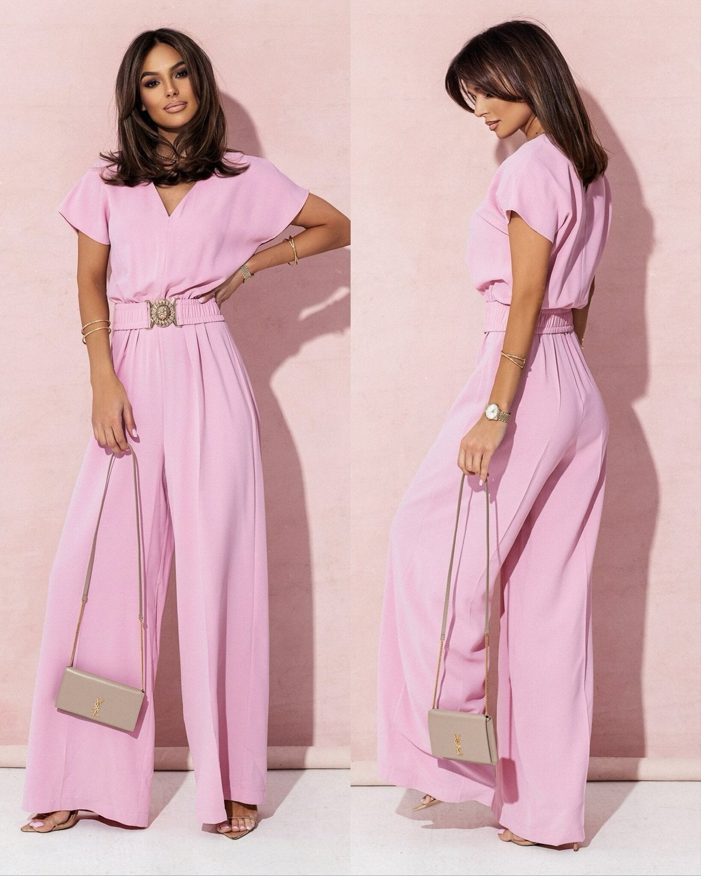 Damen Jumpsuit Weites Bein Gürtel Trendy Elegant