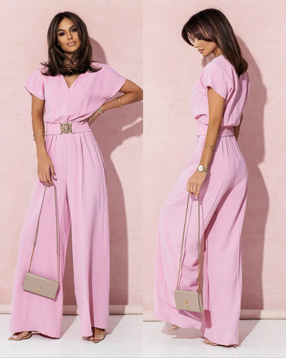 Damen Jumpsuit Weites Bein Gürtel Trendy Elegant
