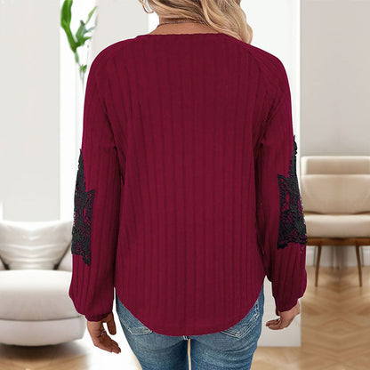 Damen Pullover Langarm Spitze V-Ausschnitt Glamour