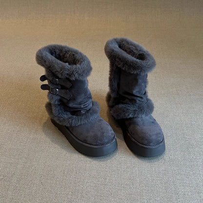 Damen Winterstiefel Kuschelig Kunstfell Doppelriemen